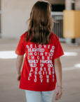 Children’s Christian affirmation t-shirt with ‘I Am’ design on front and Scripture-based identity words on the back; soft cotton kids faith shirt promoting confidence and biblical truth.