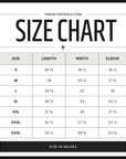 Size chart for clothing with measurements in inches, sourced from thesatisfiedco.com