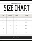 Size chart for clothing with measurements in inches for adult hoodies, branded 'thesatisfiedco.com'.