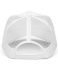 Adjustable snapback closure on white Christian hat for personalized fit.