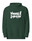 Deep green Christian hoodie with bold Young & Chosen typography in white.