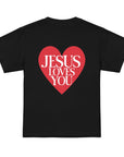Soft breathable cotton texture and classic kids’ tee with bold 'Jesus Loves You' design proclaiming Jesus Loves You to everyone they meet.