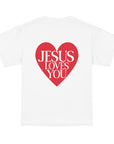 Back of kids’ Christian t-shirt featuring large joyful text ‘Jesus Loves You’ spreading God’s love in 100% cotton.