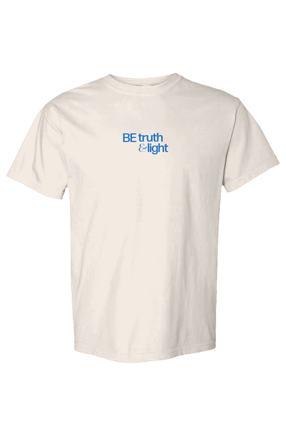 Faith-based streetwear "Be Truth & Light" Christian Comfort Colors t-shirt in ivory with blue graphic.
