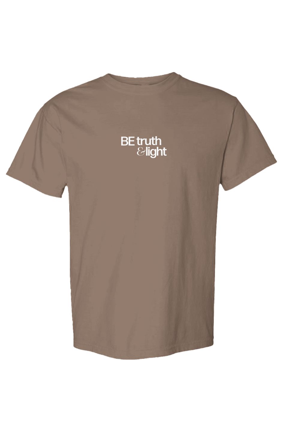 Faith-based streetwear "Be Truth & Light" Christian Comfort Colors t-shirt in espresso with white graphic design on front.